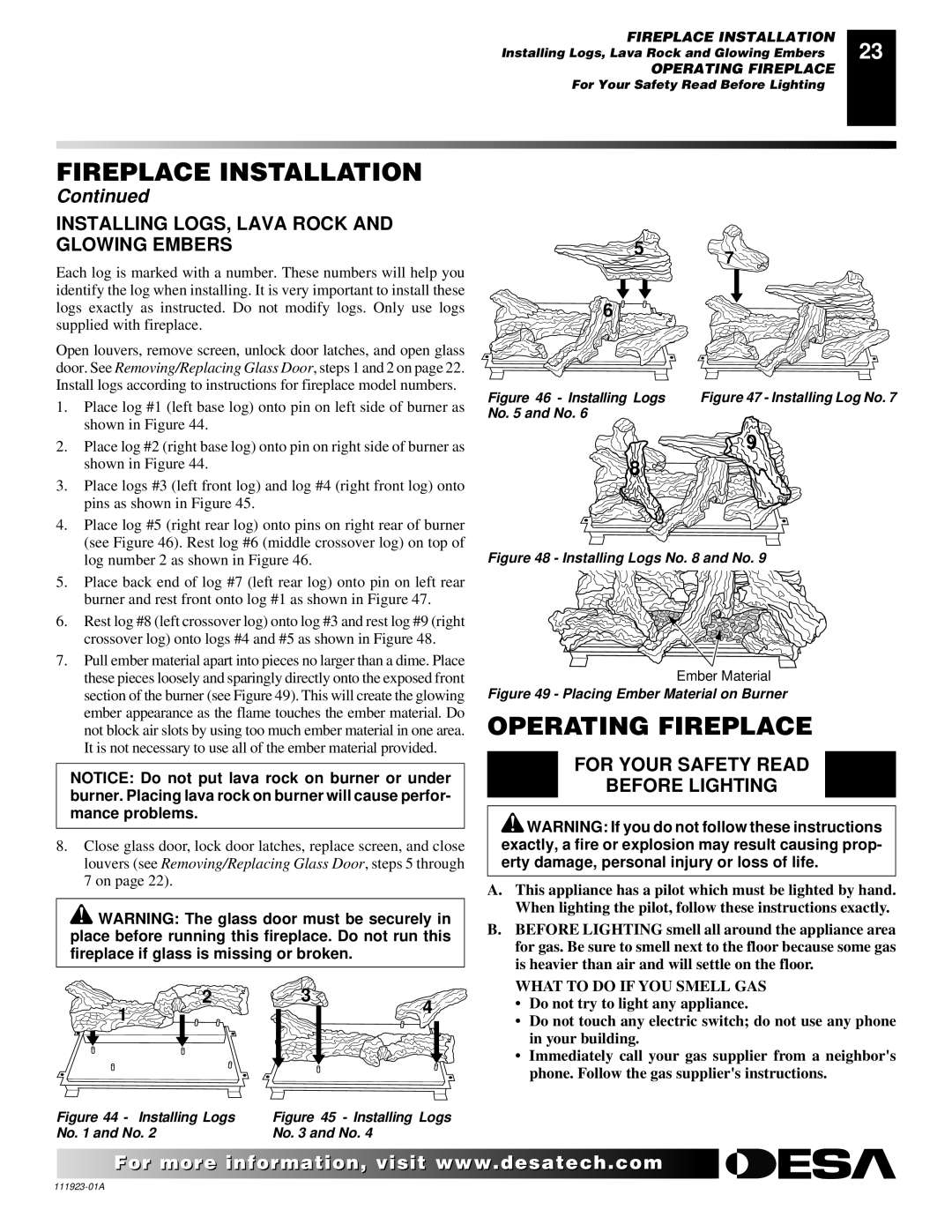 Desa (V)K36N Operating Fireplace, Installing LOGS, Lava Rock and Glowing Embers, For Your Safety Read Before Lighting 