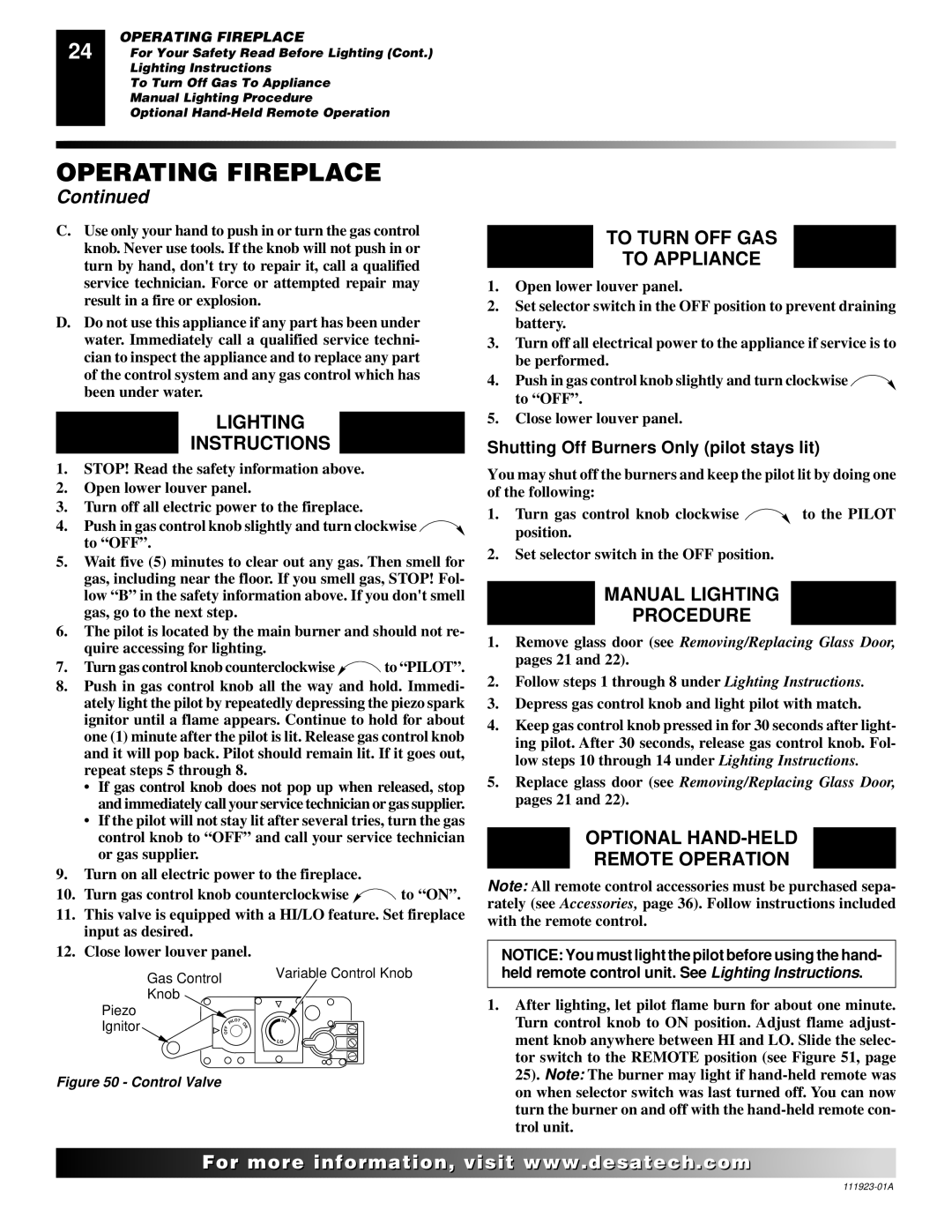 Desa (V)K36P, (V)K36N installation manual Lighting Instructions, To Turn OFF GAS To Appliance, Manual Lighting Procedure 