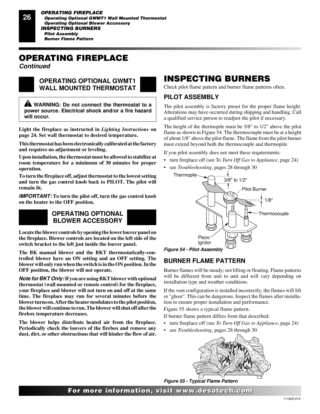 Desa (V)K36P Inspecting Burners, Operating Optional GWMT1 Wall Mounted Thermostat, Operating Optional Blower Accessory 