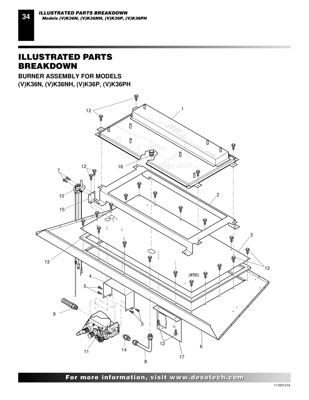 Desa (V)K36P, (V)K36N installation manual Burner Assembly for Models VK36N, VK36NH, VK36P, VK36PH 