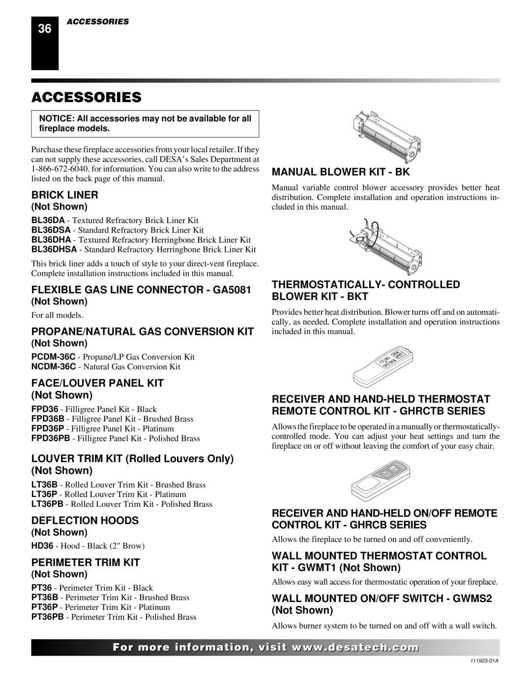 Desa (V)K36P, (V)K36N installation manual Accessories 