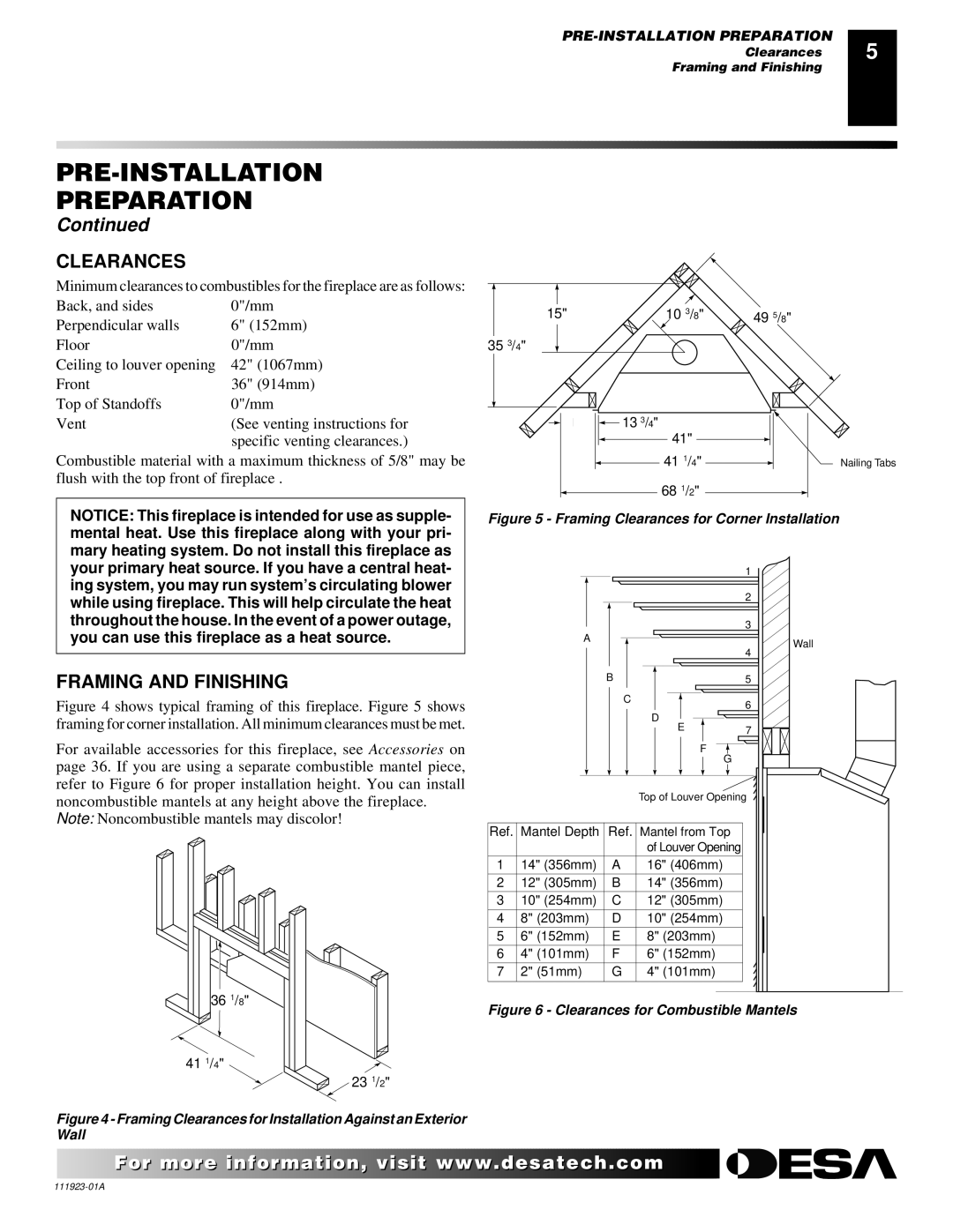 Desa (V)K36N, (V)K36P installation manual Clearances, Framing and Finishing 