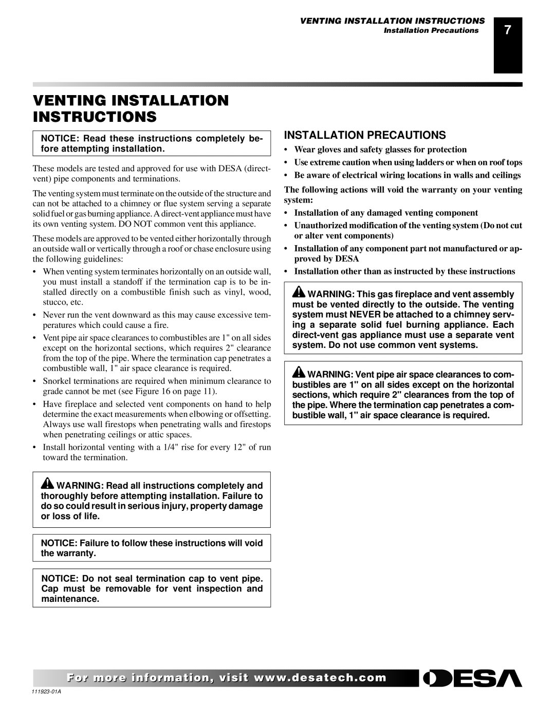 Desa (V)K36N, (V)K36P installation manual Venting Installation Instructions, Installation Precautions 