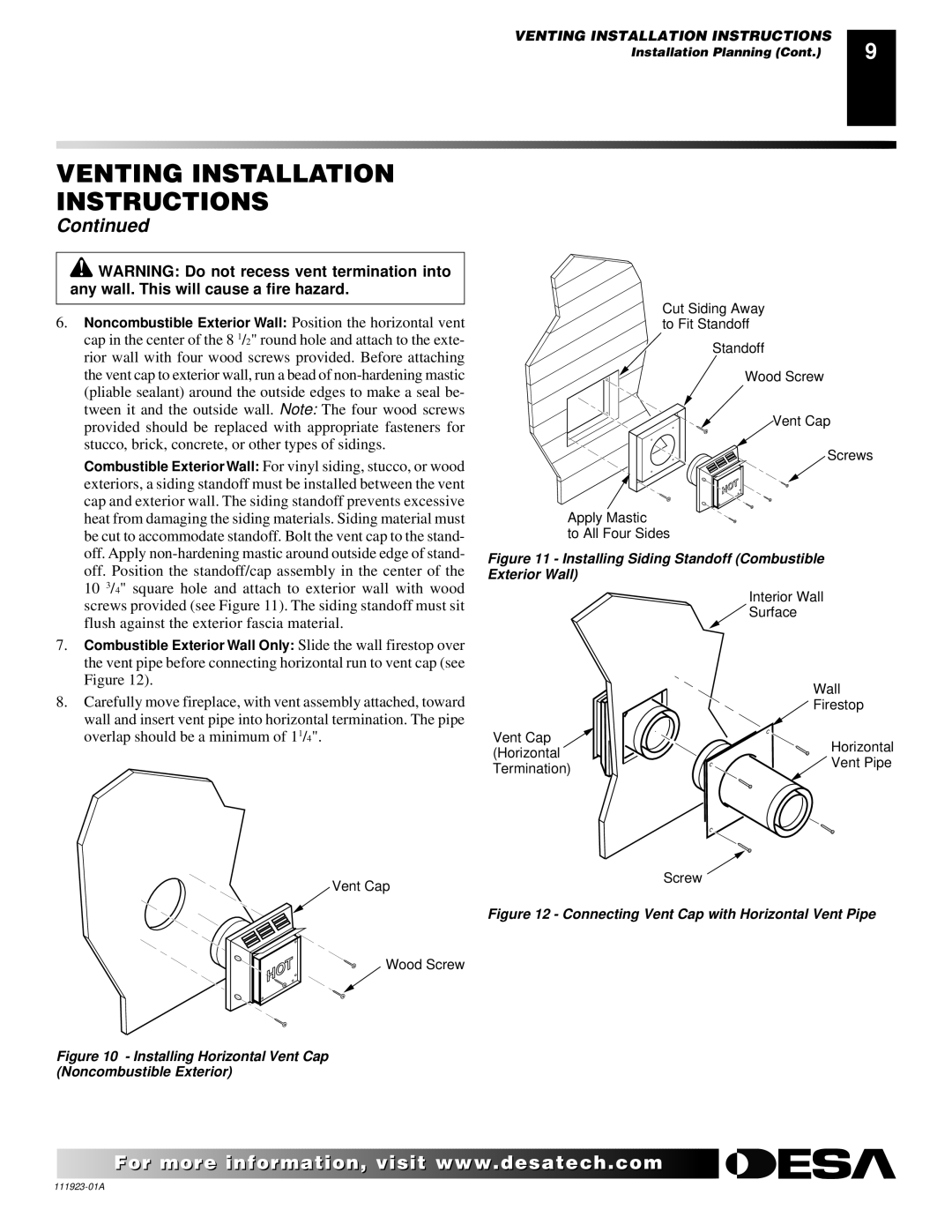 Desa (V)K36N, (V)K36P installation manual Installing Horizontal Vent Cap Noncombustible Exterior 