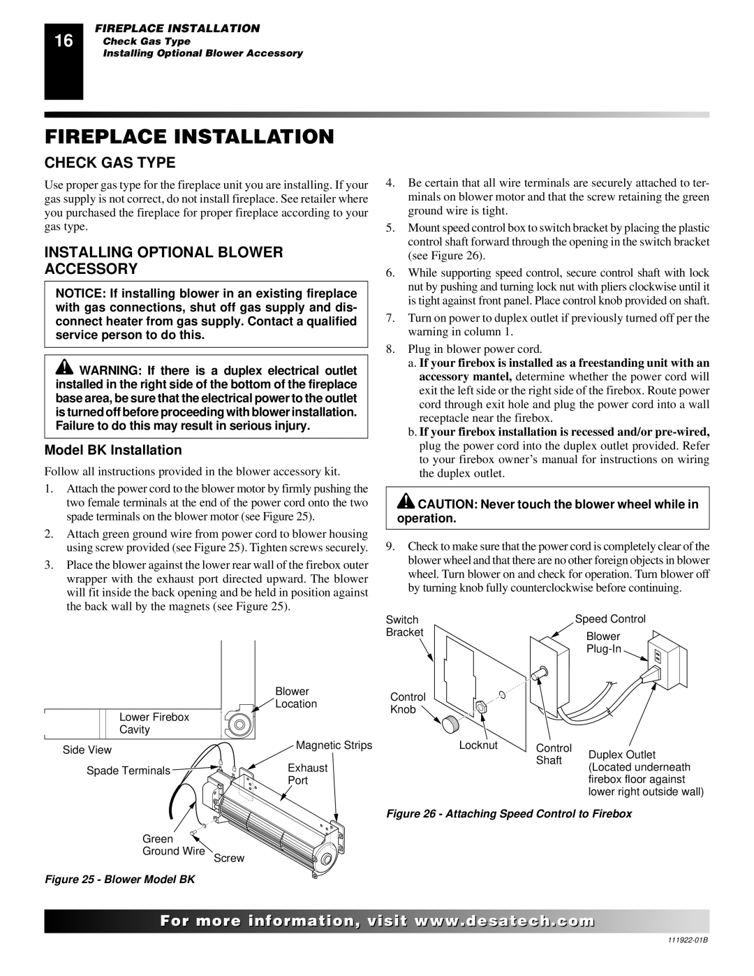 Desa (V)K42EN SERIES Fireplace Installation, Check GAS Type, Installing Optional Blower Accessory, Model BK Installation 