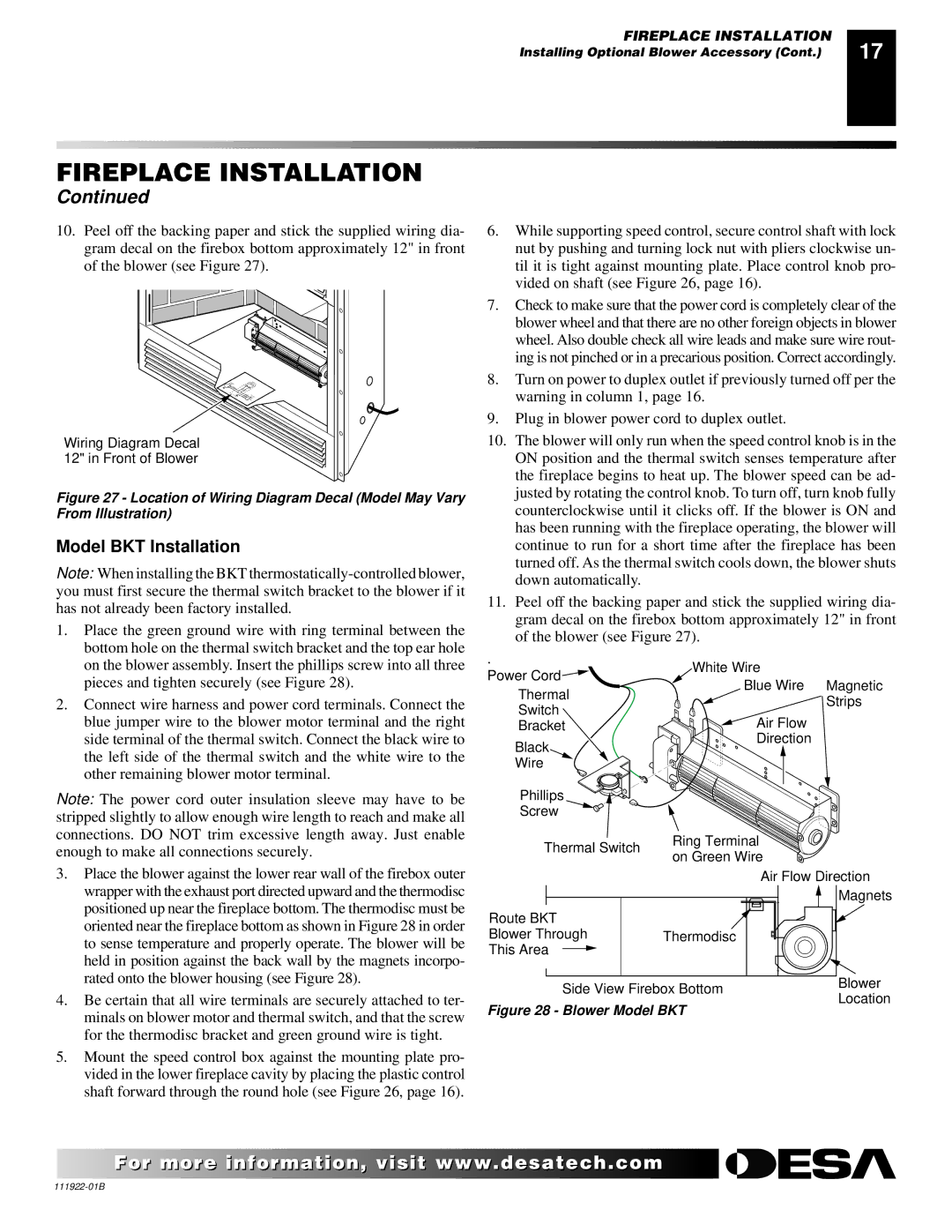 Desa (V)K42EP SERIES, (V)K42EN SERIES installation manual Model BKT Installation, Blower Model BKT 