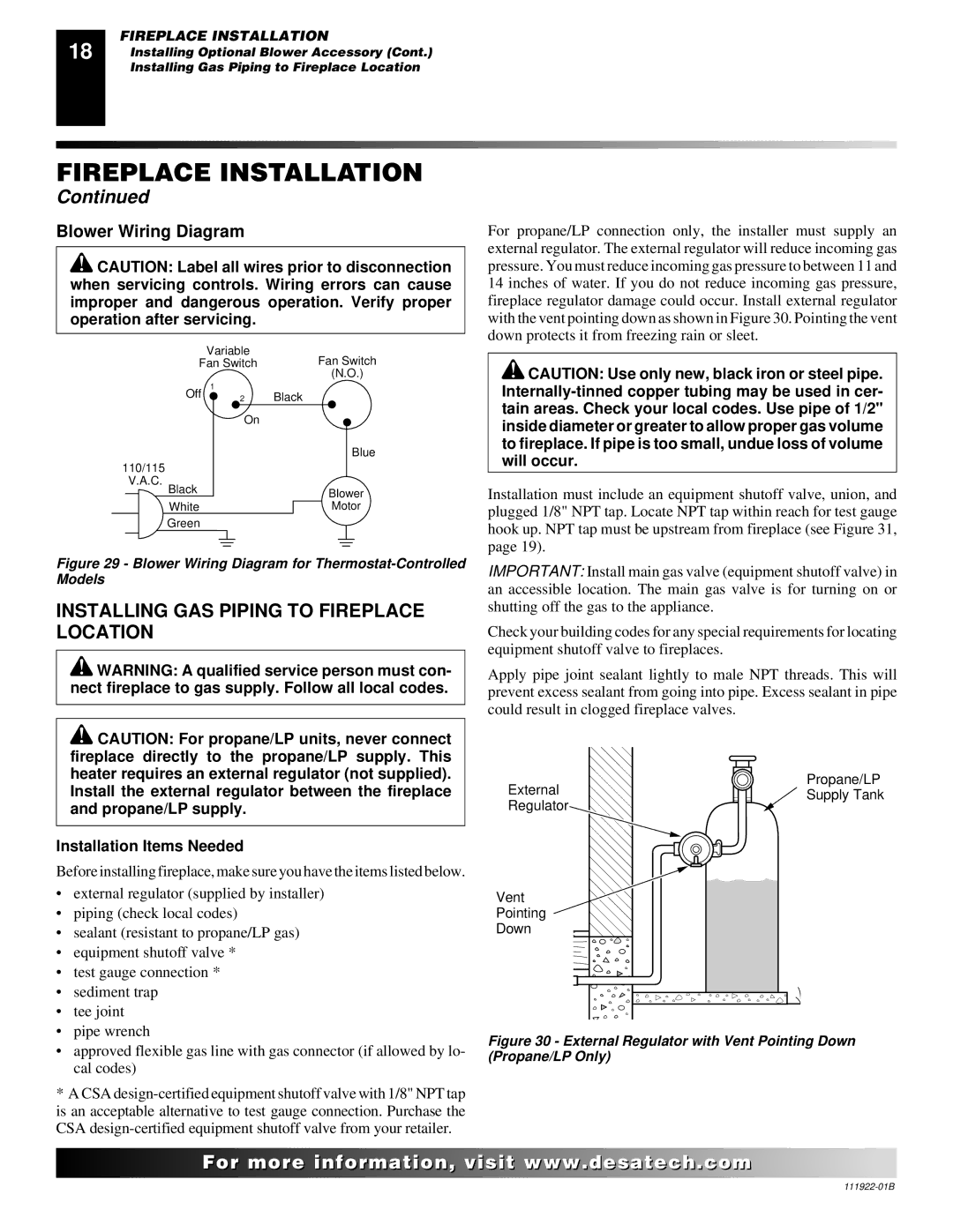 Desa (V)K42EN SERIES, (V)K42EP SERIES installation manual Installing GAS Piping to Fireplace Location, Blower Wiring Diagram 