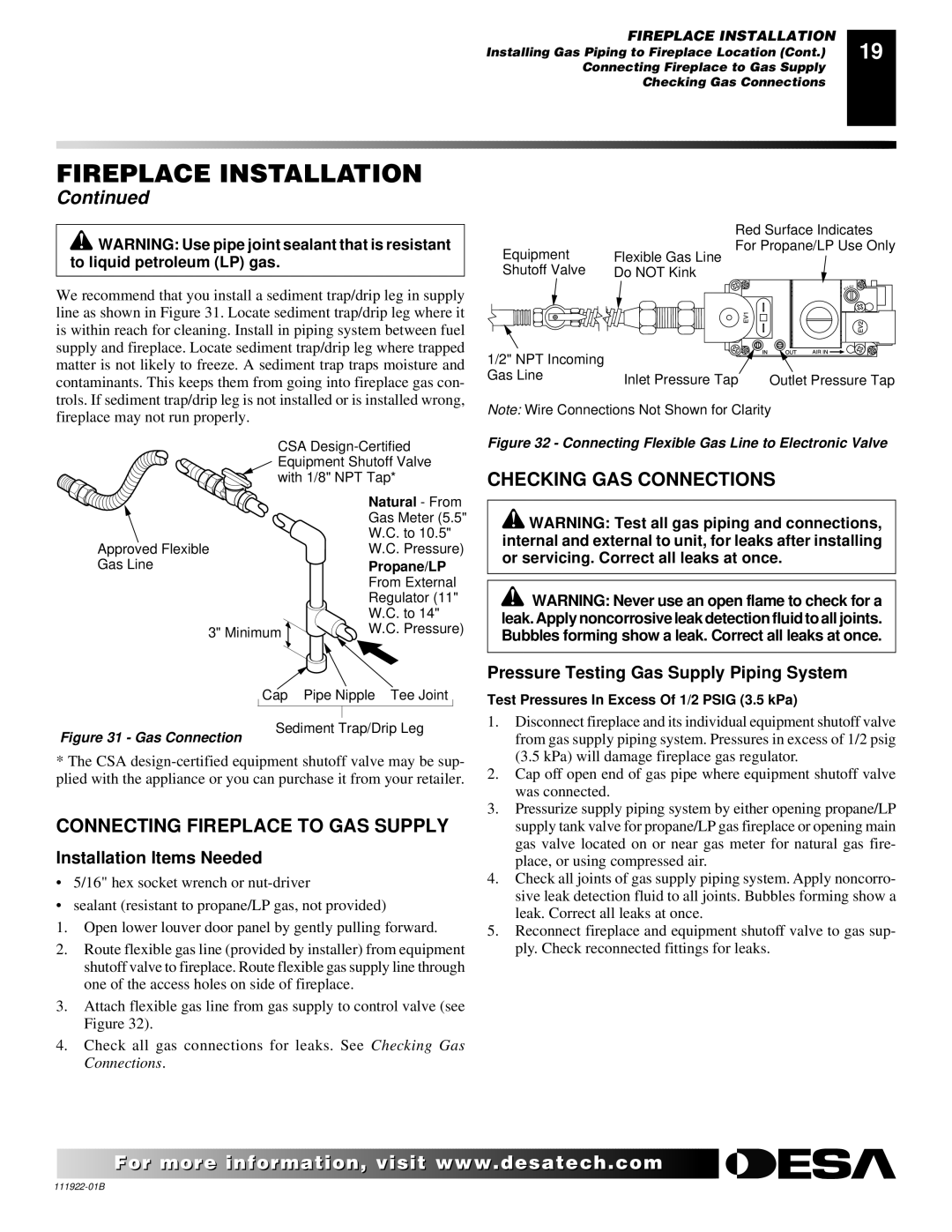 Desa (V)K42EP SERIES Checking GAS Connections, Connecting Fireplace to GAS Supply, Installation Items Needed 