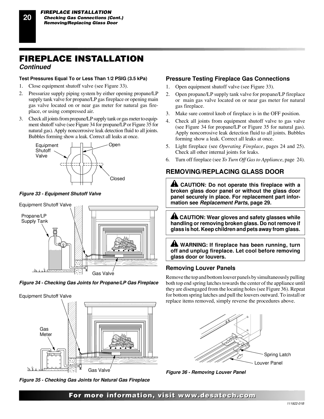 Desa (V)K42EN SERIES REMOVING/REPLACING Glass Door, Pressure Testing Fireplace Gas Connections, Removing Louver Panels 