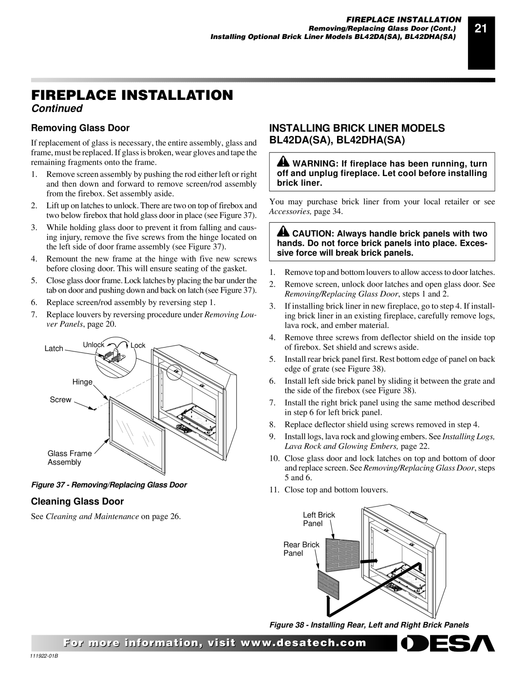 Desa (V)K42EP SERIES, (V)K42EN SERIES installation manual Removing Glass Door, Cleaning Glass Door 