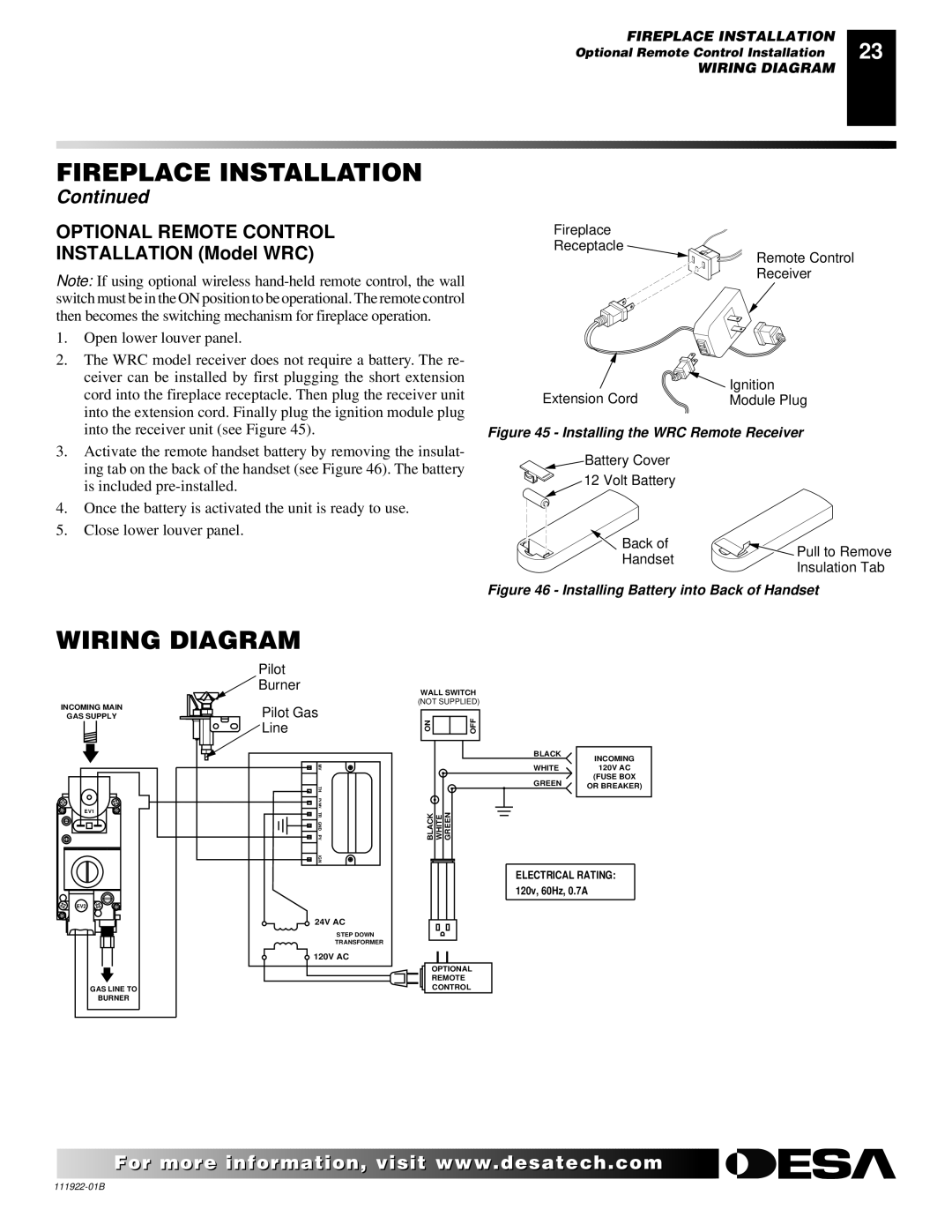 Desa (V)K42EP SERIES, (V)K42EN SERIES installation manual Wiring Diagram, Optional Remote Control 