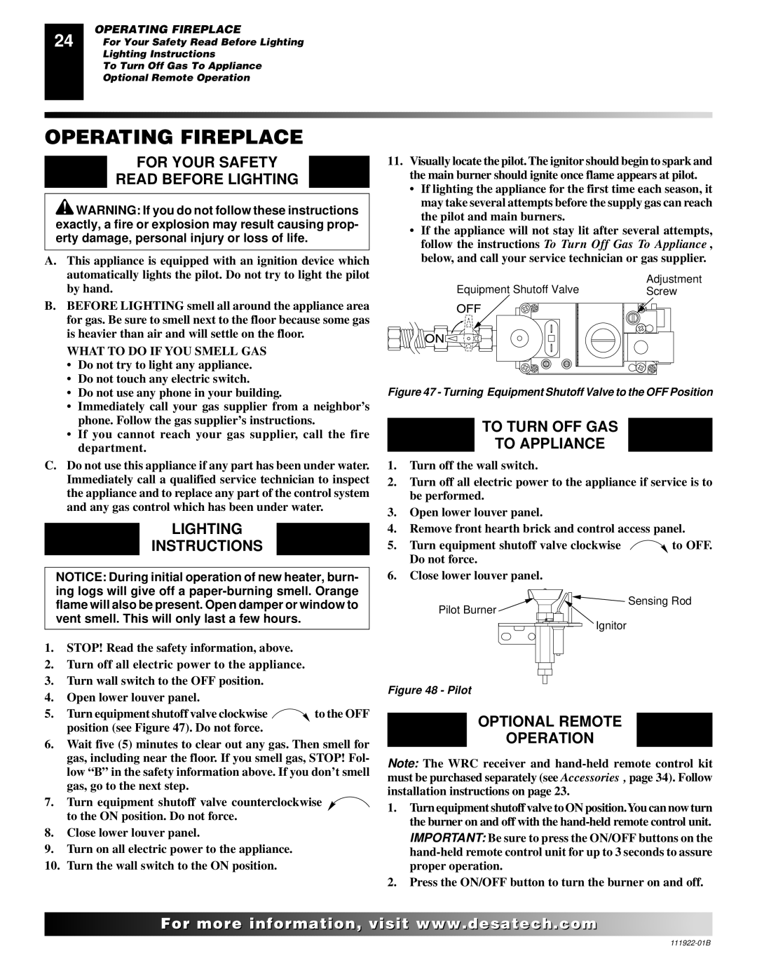 Desa (V)K42EN SERIES, (V)K42EP SERIES Operating Fireplace, For Your Safety Read Before Lighting, Lighting Instructions 