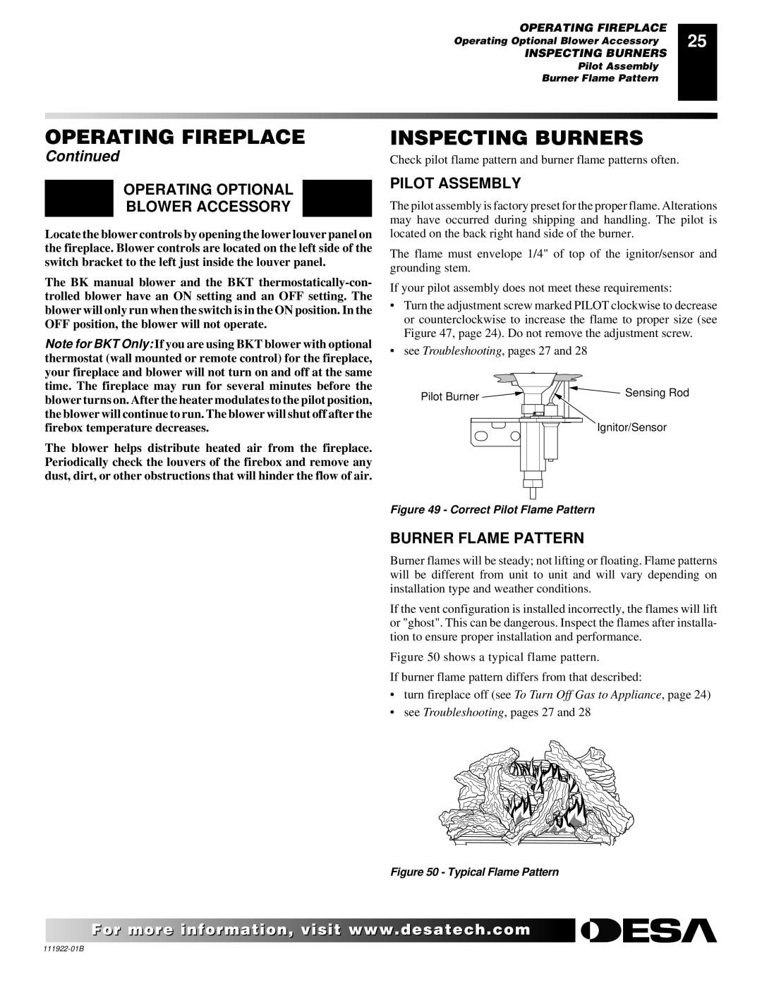 Desa (V)K42EP SERIES Inspecting Burners, Operating Optional Blower Accessory, Pilot Assembly, Burner Flame Pattern 