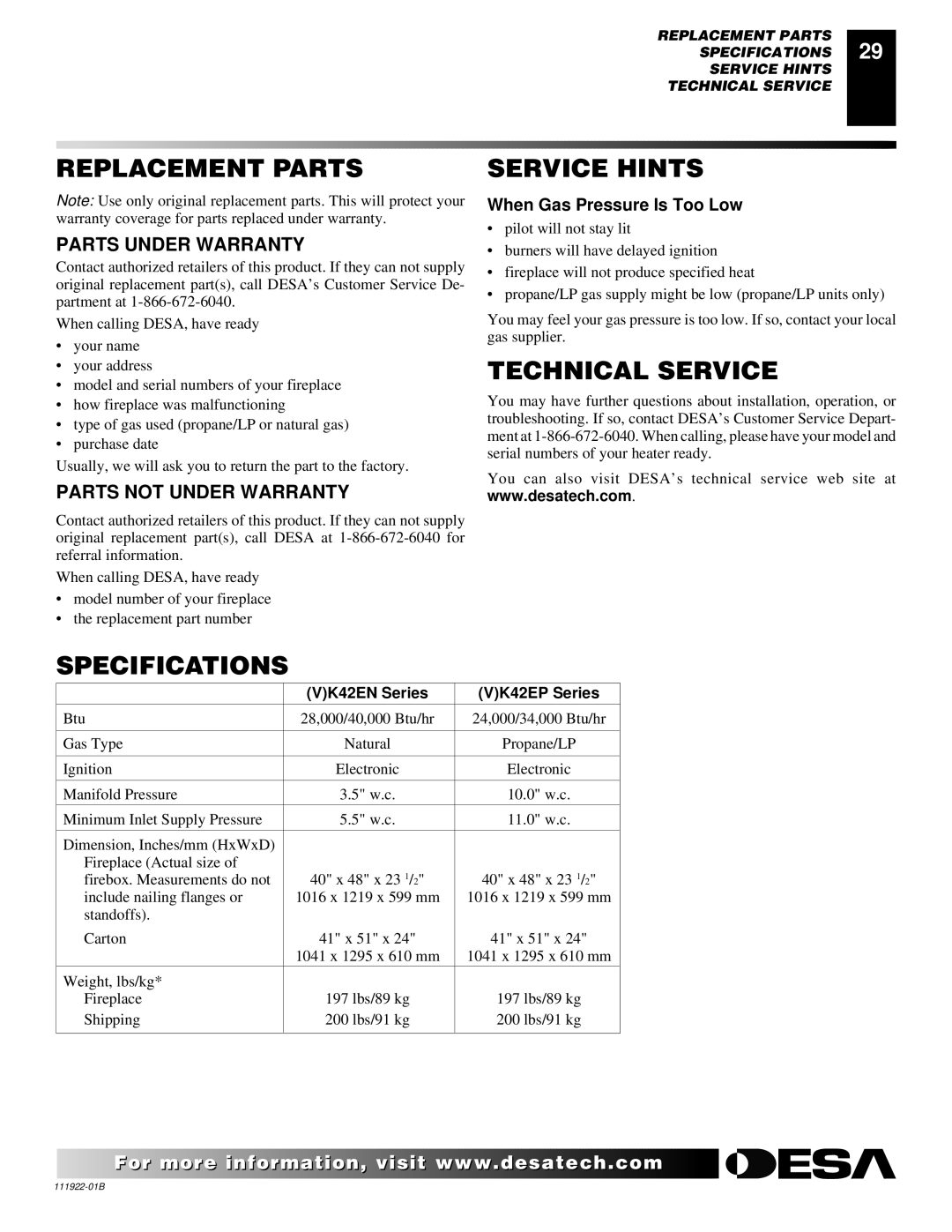 Desa (V)K42EP SERIES, (V)K42EN SERIES Replacement Parts, Service Hints, Technical Service, Specifications 