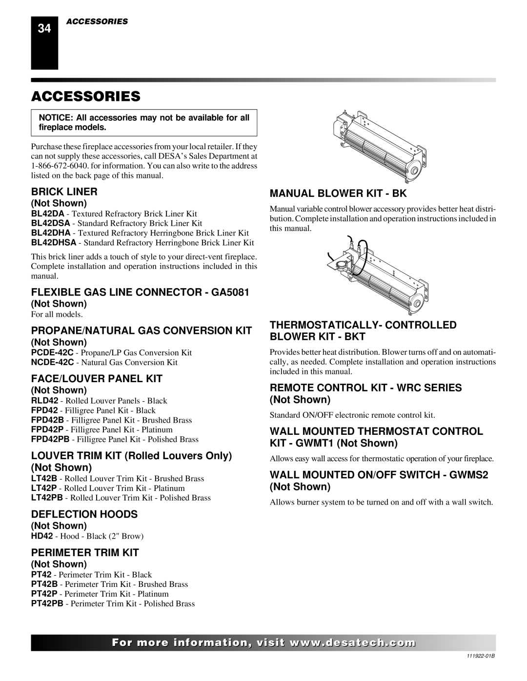 Desa (V)K42EN SERIES, (V)K42EP SERIES installation manual Accessories 