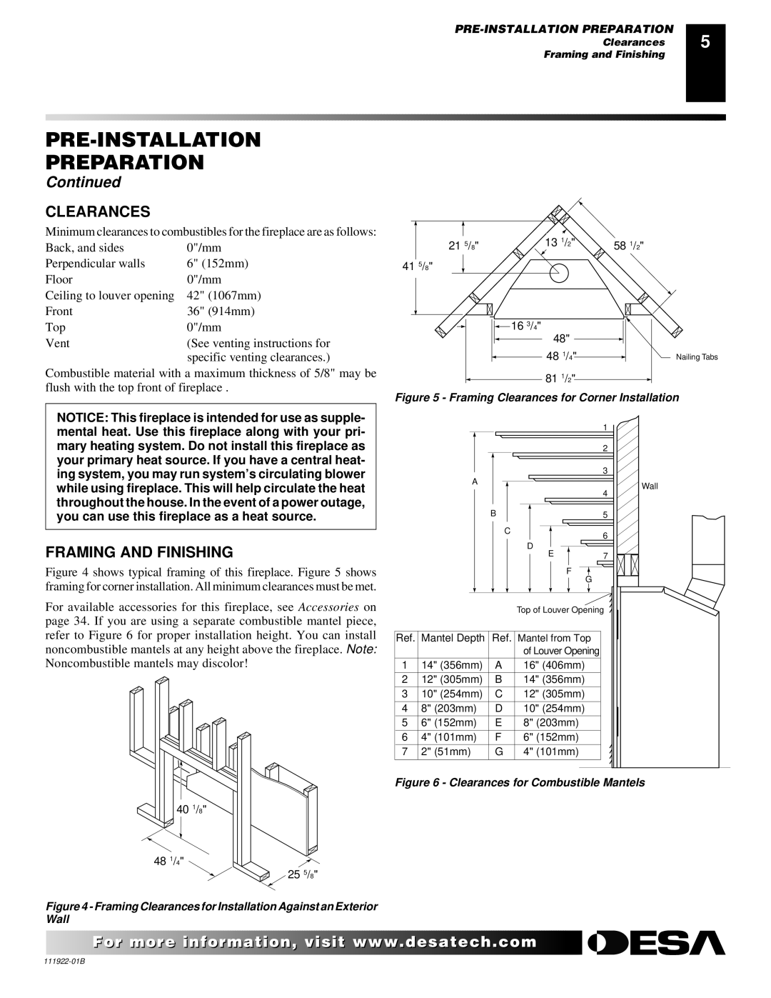 Desa (V)K42EP SERIES, (V)K42EN SERIES installation manual Clearances, Framing and Finishing 