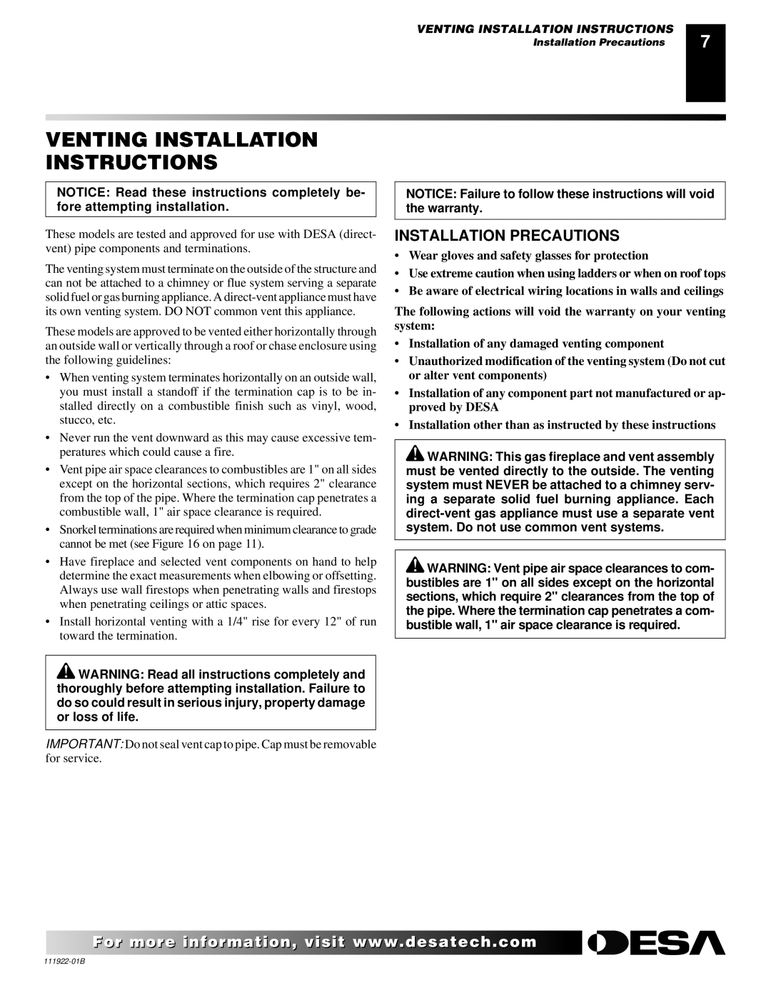 Desa (V)K42EP SERIES, (V)K42EN SERIES installation manual Venting Installation Instructions, Installation Precautions 