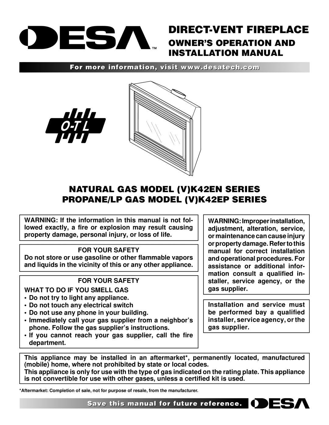 Desa (V)K42EN, (V)K42EP installation manual OWNER’S Operation Installation Manual, For Your Safety 