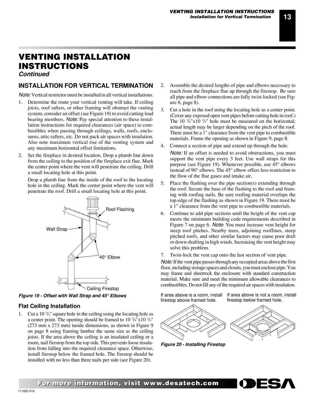 Desa (V)K42EN, (V)K42EP installation manual Installation for Vertical Termination, Flat Ceiling Installation 