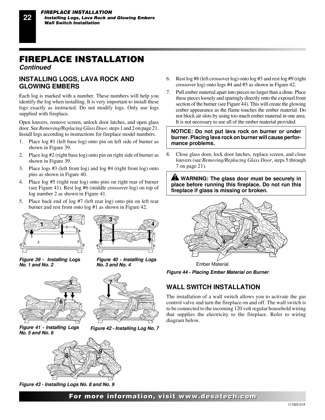 Desa (V)K42EP, (V)K42EN installation manual Installing LOGS, Lava Rock and Glowing Embers, Wall Switch Installation 