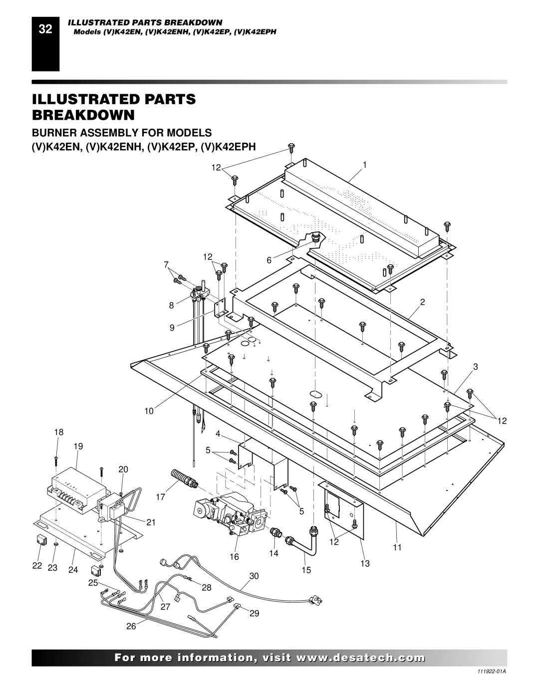 Desa (V)K42EP, (V)K42EN installation manual Burner Assembly for Models VK42EN, VK42ENH, VK42EP, VK42EPH 