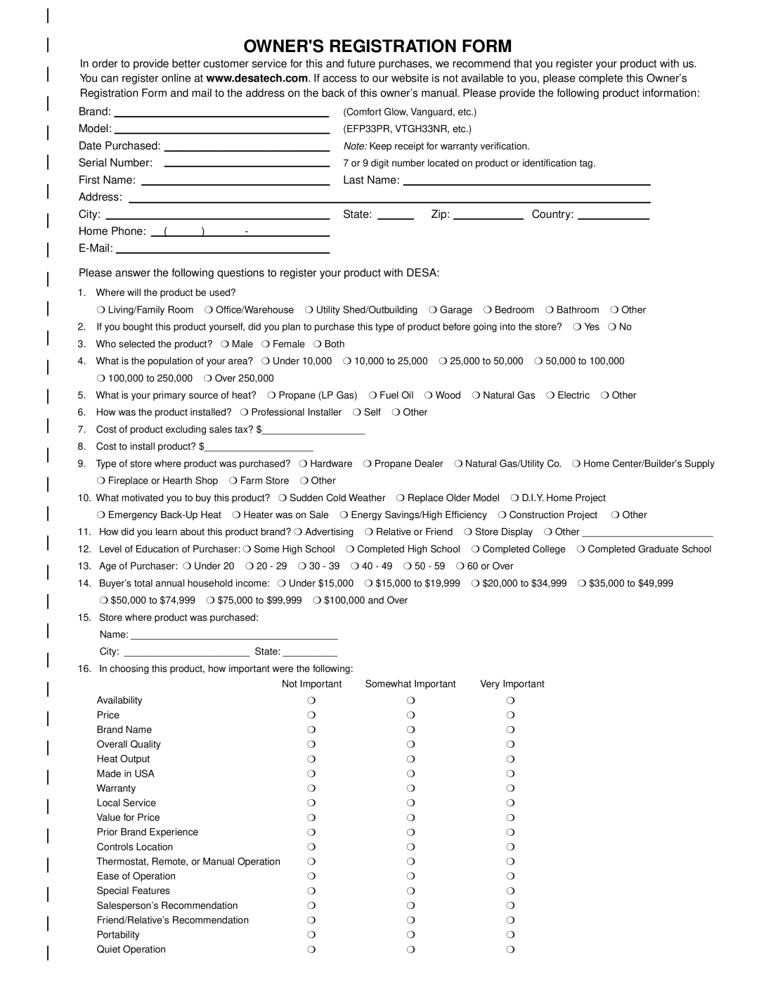 Desa (V)K42EN, (V)K42EP installation manual Owners Registration Form 