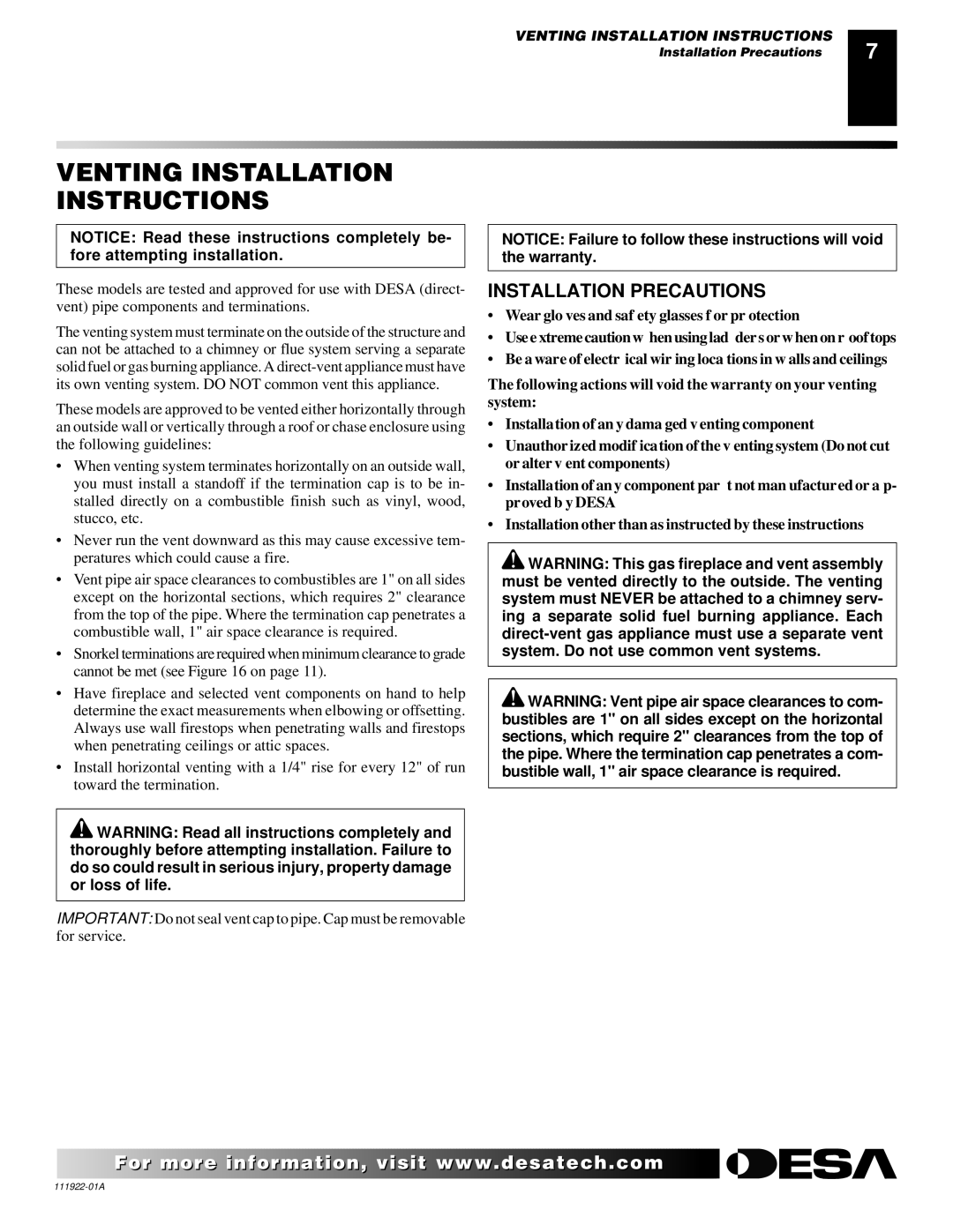 Desa (V)K42EN, (V)K42EP installation manual Venting Installation Instructions, Installation Precautions 