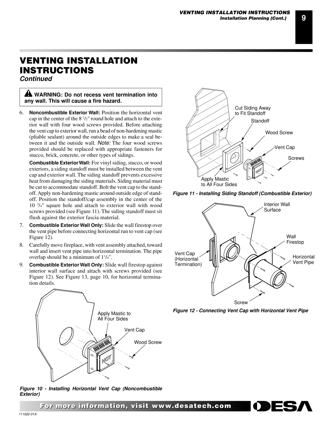 Desa (V)K42EN, (V)K42EP installation manual Installing Siding Standoff Combustible Exterior 