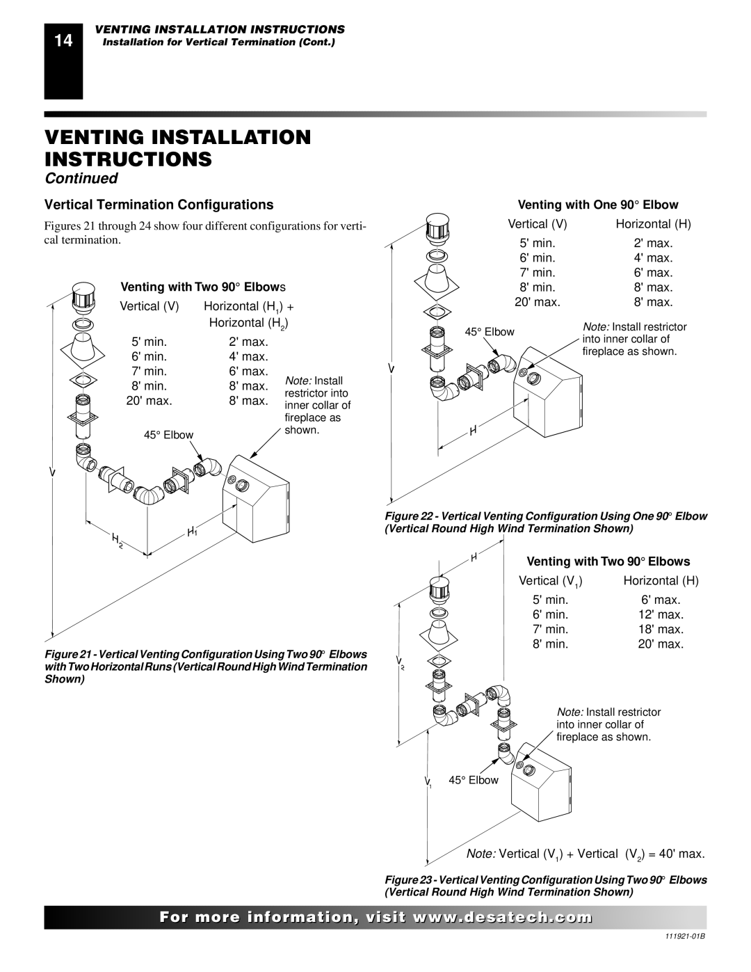 Desa (V)K42N SERIES installation manual Vertical Termination Configurations, Venting with One 90 Elbow, Elbows 