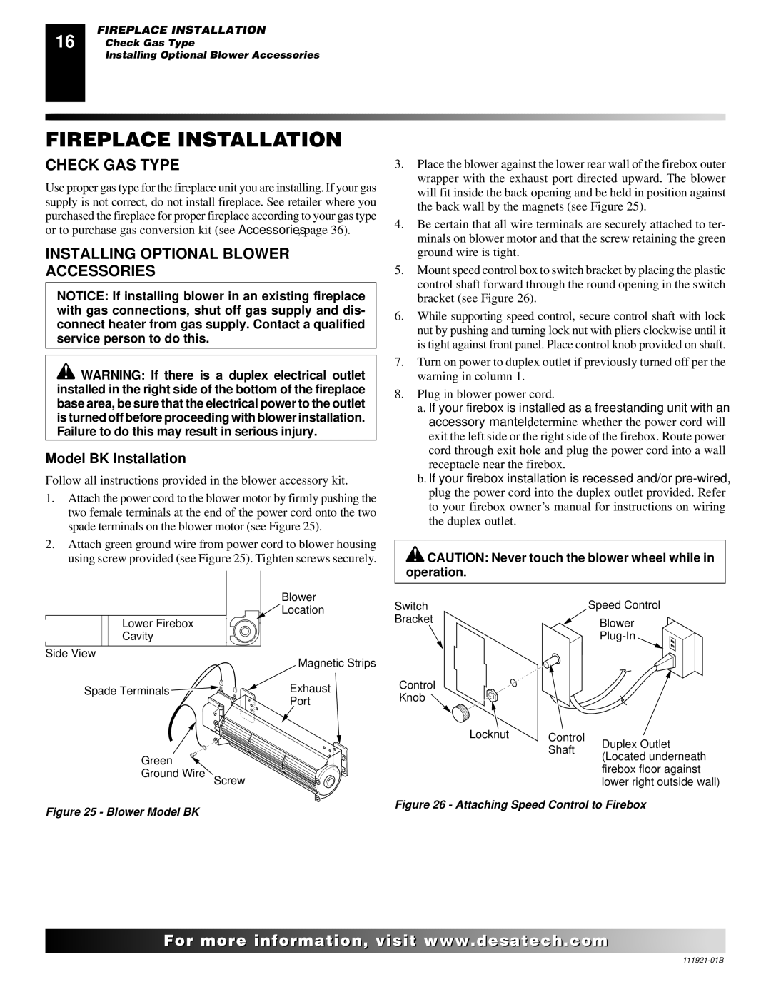 Desa (V)K42N SERIES Fireplace Installation, Check GAS Type, Installing Optional Blower Accessories, Model BK Installation 