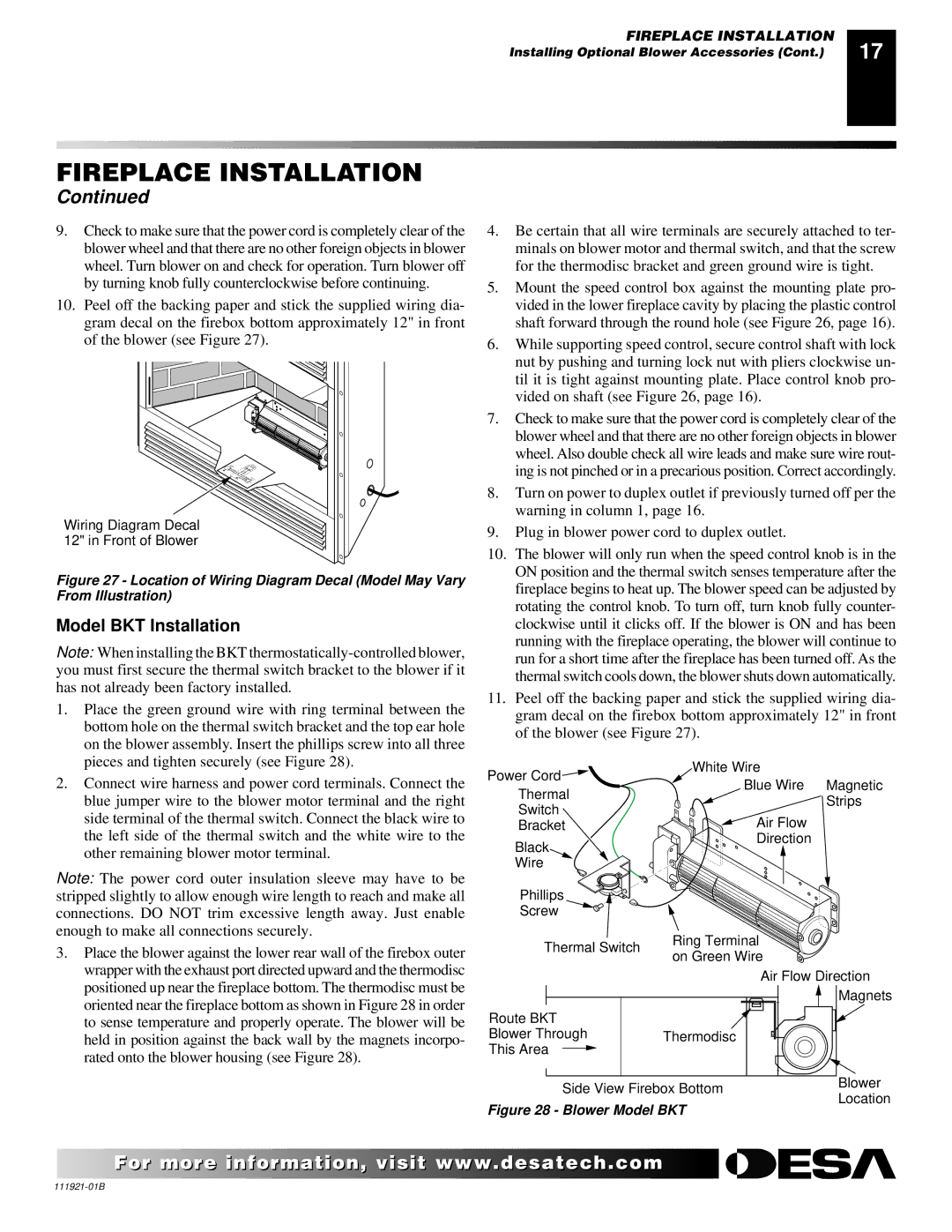 Desa (V)K42N SERIES installation manual Model BKT Installation, Blower Model BKT 