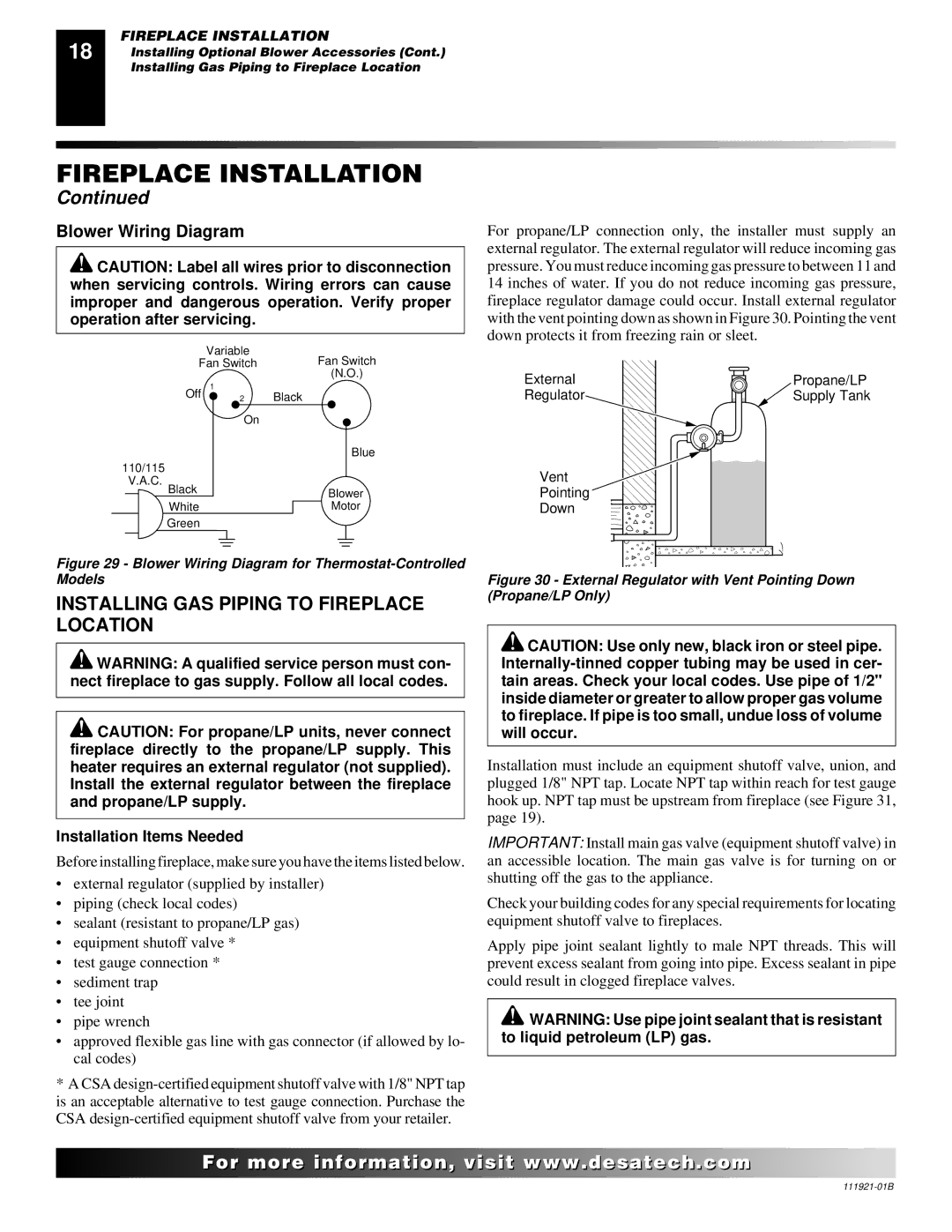 Desa (V)K42N SERIES Installing GAS Piping to Fireplace Location, Blower Wiring Diagram, Installation Items Needed 