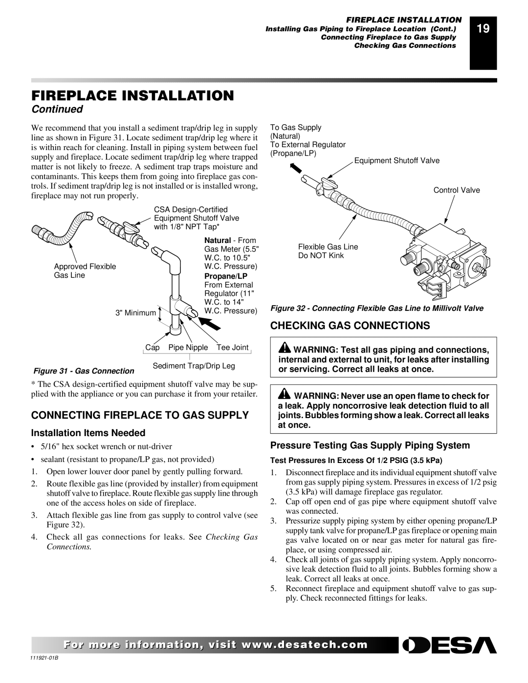 Desa (V)K42N SERIES Checking GAS Connections, Connecting Fireplace to GAS Supply, Installation Items Needed 