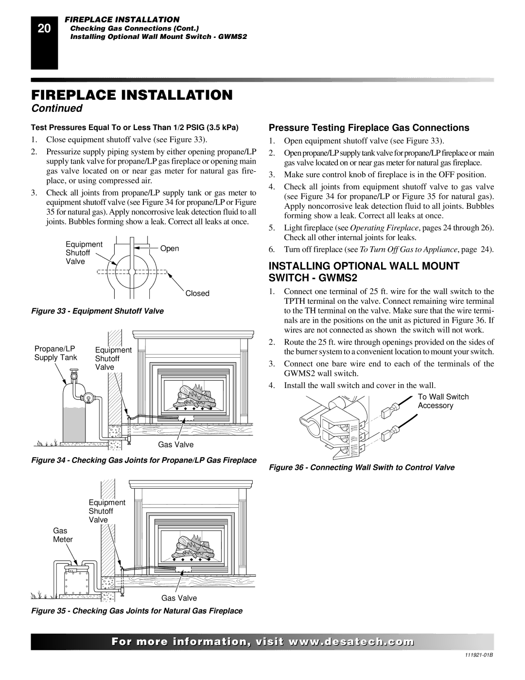 Desa (V)K42N SERIES Installing Optional Wall Mount Switch GWMS2, Pressure Testing Fireplace Gas Connections 