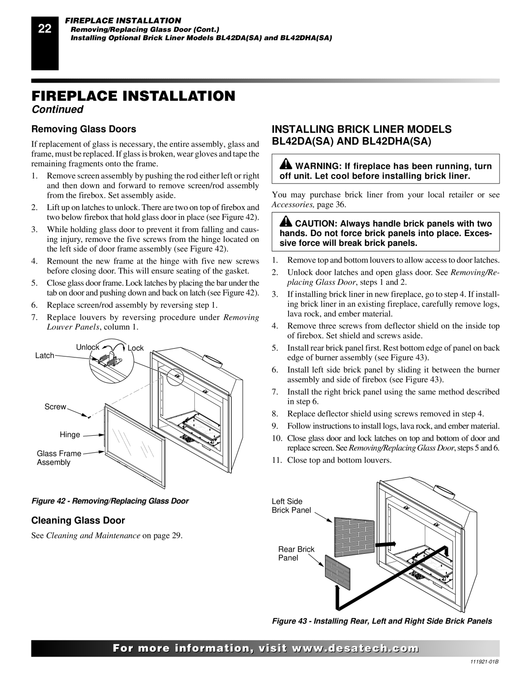 Desa (V)K42N SERIES Installing Brick Liner Models BL42DASA and BL42DHASA, Removing Glass Doors, Cleaning Glass Door 