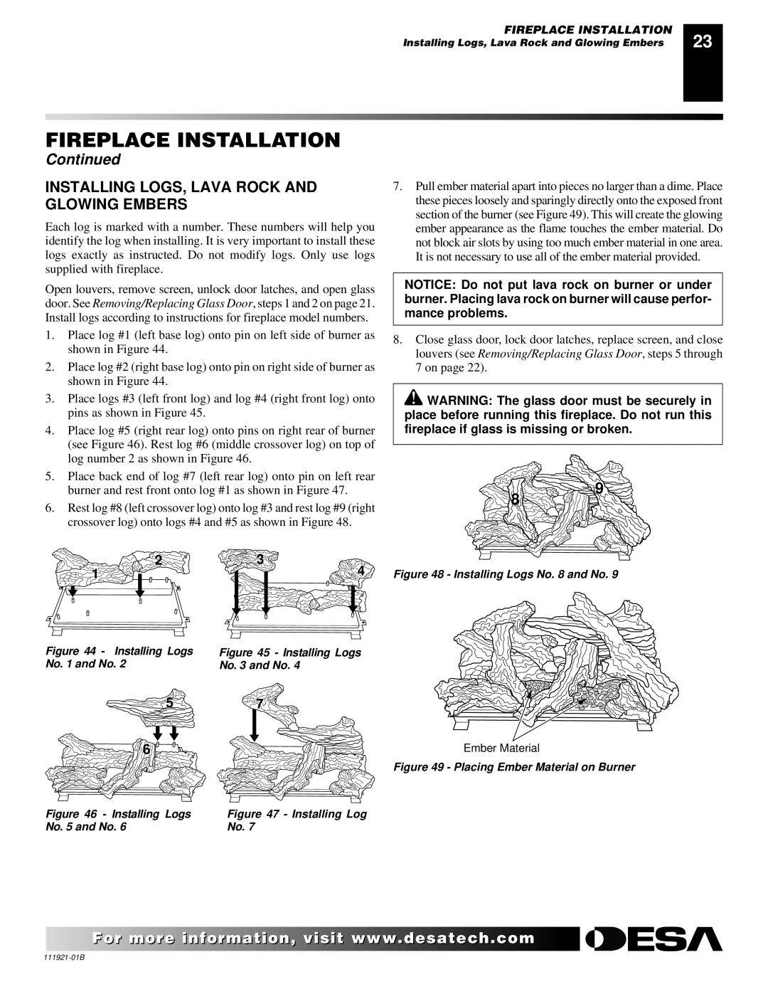 Desa (V)K42N SERIES Installing LOGS, Lava Rock and Glowing Embers, Crossover log onto logs #4 and #5 as shown in Figure 