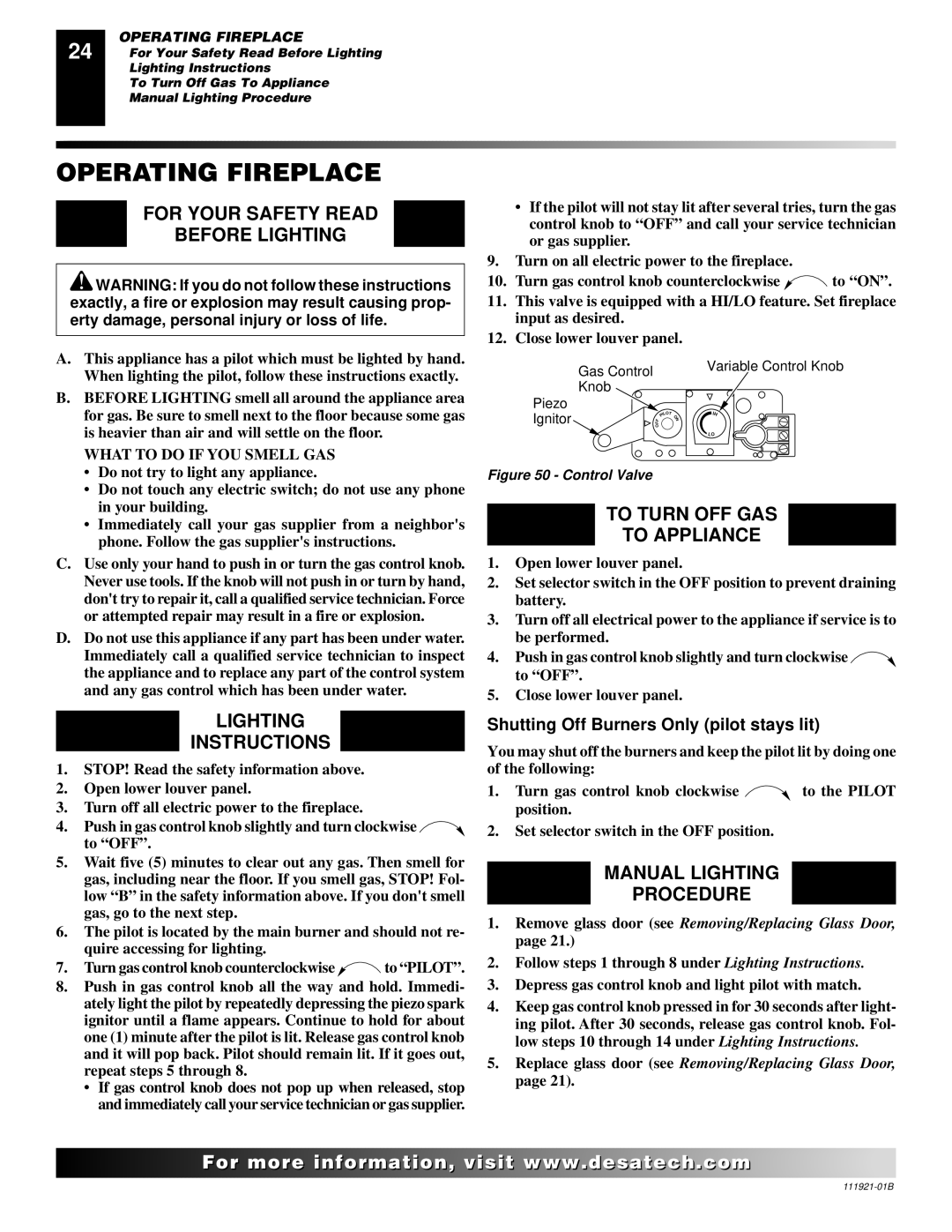 Desa (V)K42N SERIES installation manual Operating Fireplace, For Your Safety Read Before Lighting, Lighting Instructions 