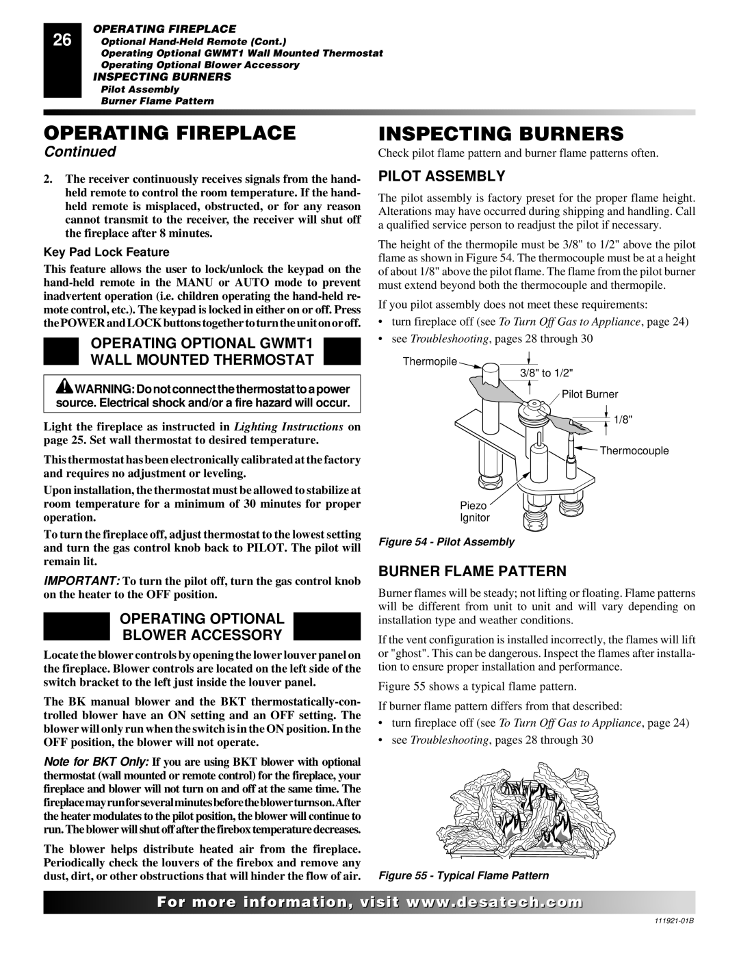 Desa (V)K42N SERIES Inspecting Burners, Operating Optional GWMT1 Wall Mounted Thermostat, Pilot Assembly 