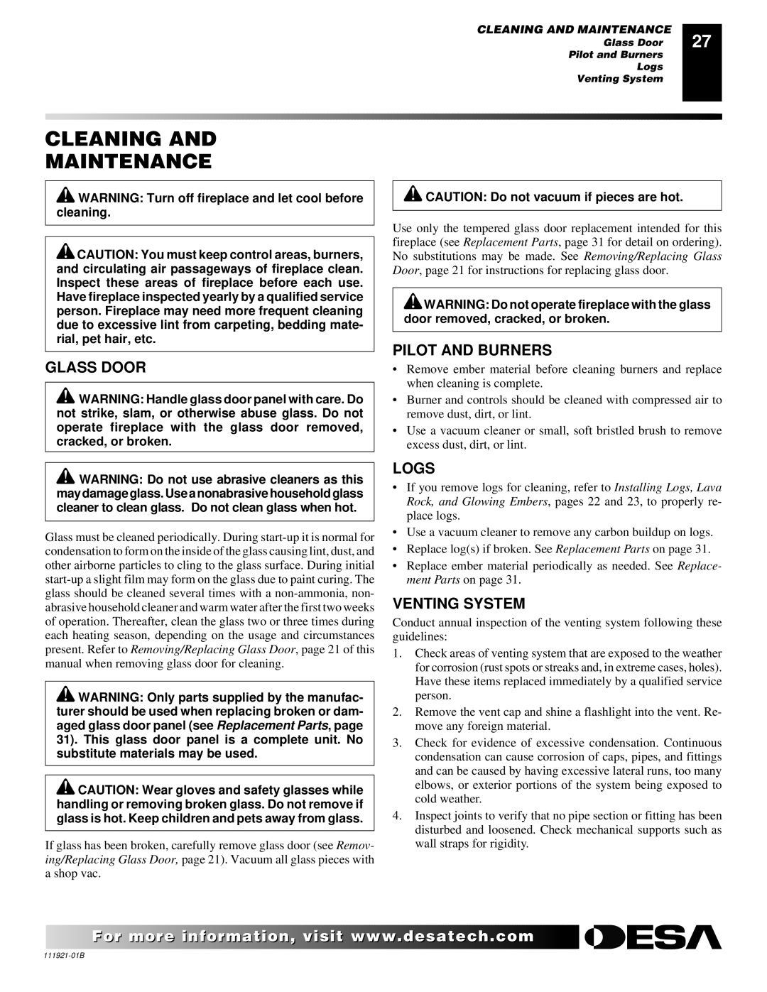 Desa (V)K42N SERIES installation manual Cleaning Maintenance, Glass Door, Pilot and Burners, Logs, Venting System 