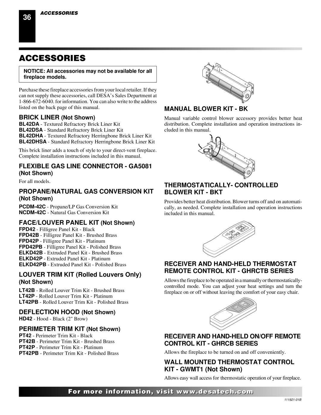 Desa (V)K42N SERIES installation manual Accessories, Flexible GAS Line Connector GA5081, PROPANE/NATURAL GAS Conversion KIT 