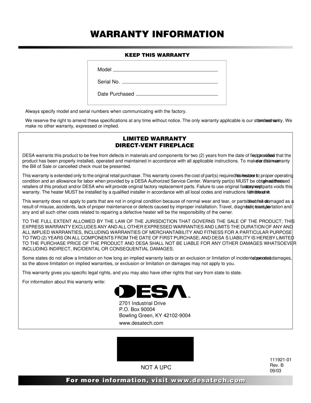 Desa (V)K42N SERIES installation manual Warranty Information 