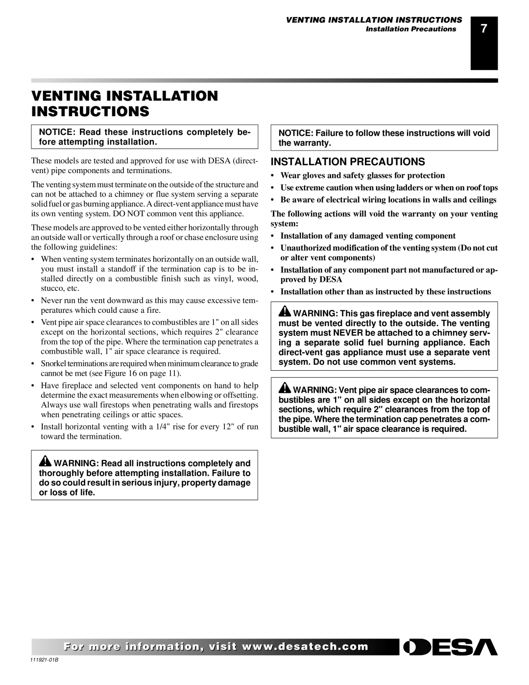 Desa (V)K42N SERIES installation manual Venting Installation Instructions, Installation Precautions 