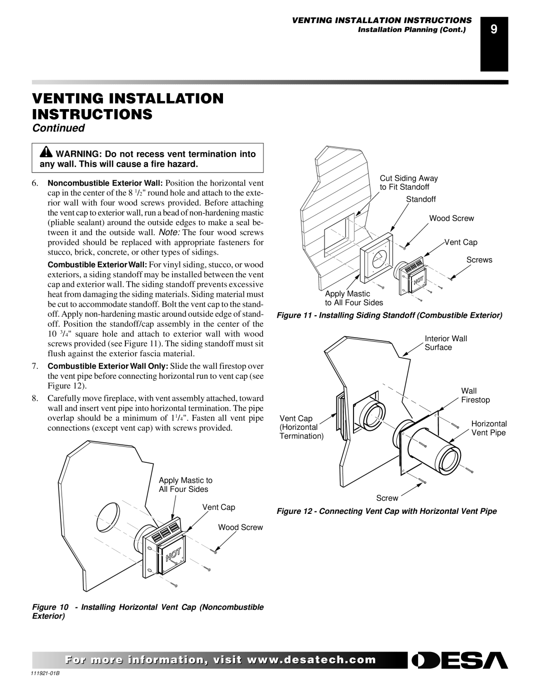 Desa (V)K42N SERIES installation manual Installing Horizontal Vent Cap Noncombustible Exterior 