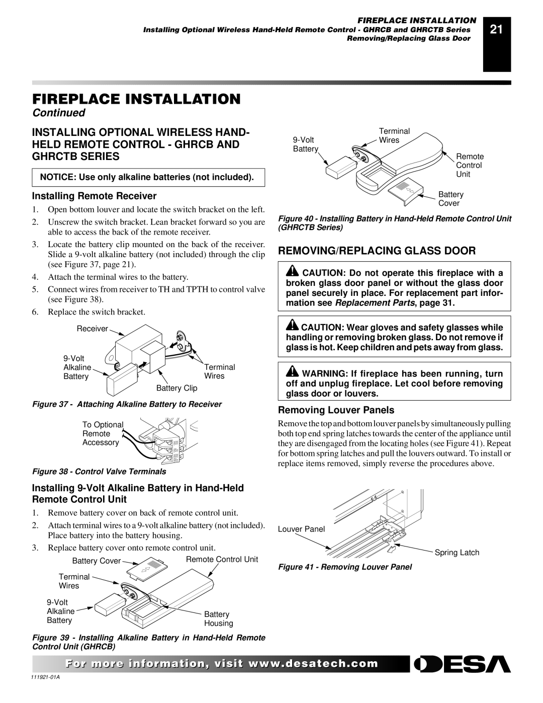 Desa (V)K42N installation manual REMOVING/REPLACING Glass Door, Installing Remote Receiver, Removing Louver Panels 