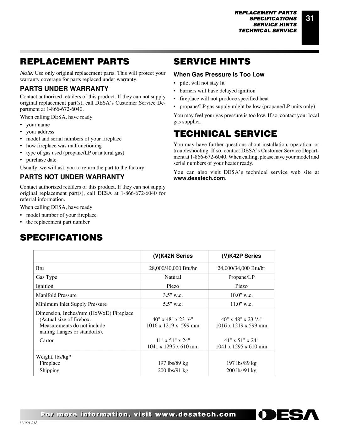 Desa (V)K42N installation manual Replacement Parts, Service Hints, Technical Service, Specifications 