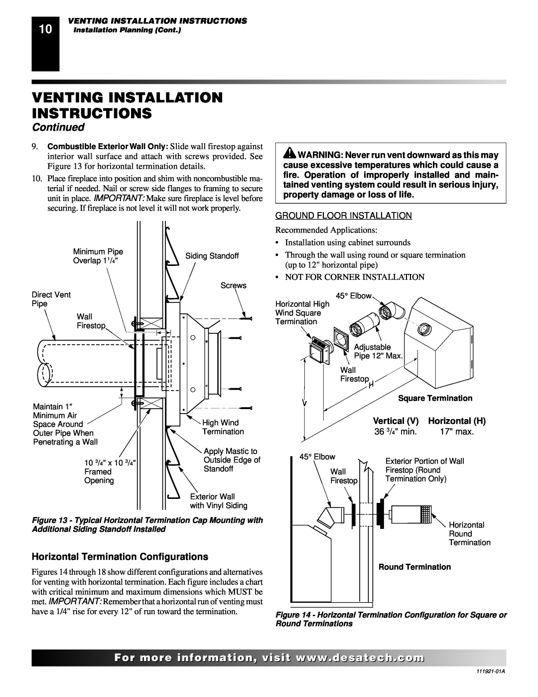 Desa (V)K42N Venting Installation Instructions, Continued, Square Termination, Vertical, Round Termination 