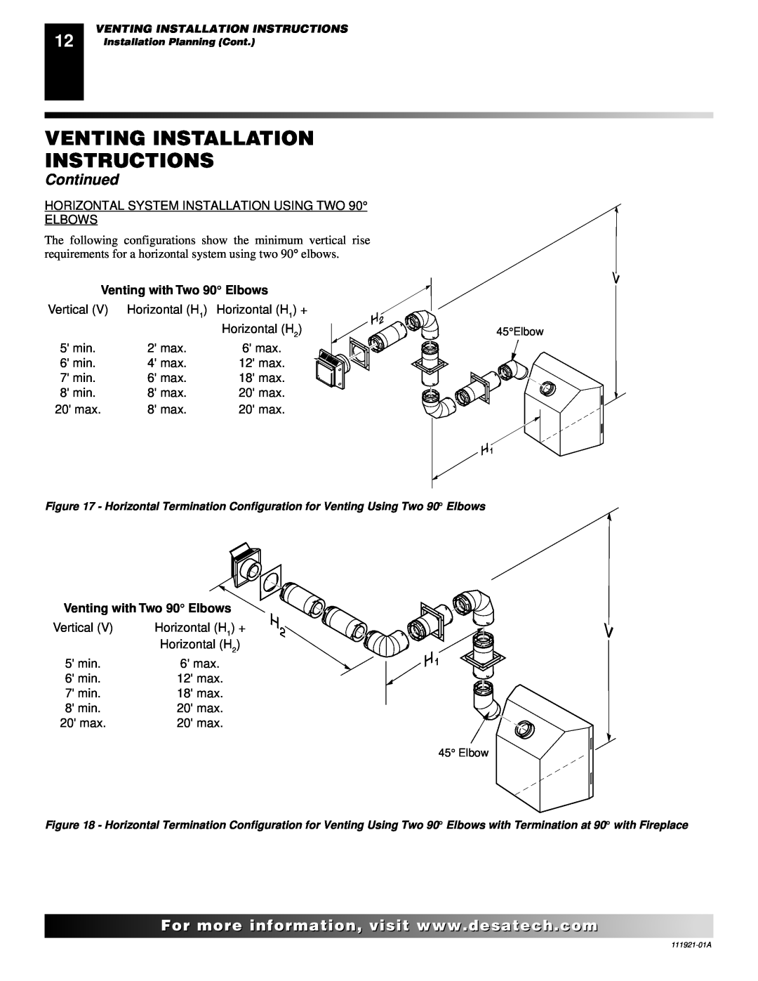 Desa (V)K42N installation manual Venting Installation Instructions, Continued, Venting with Two 90 Elbows 