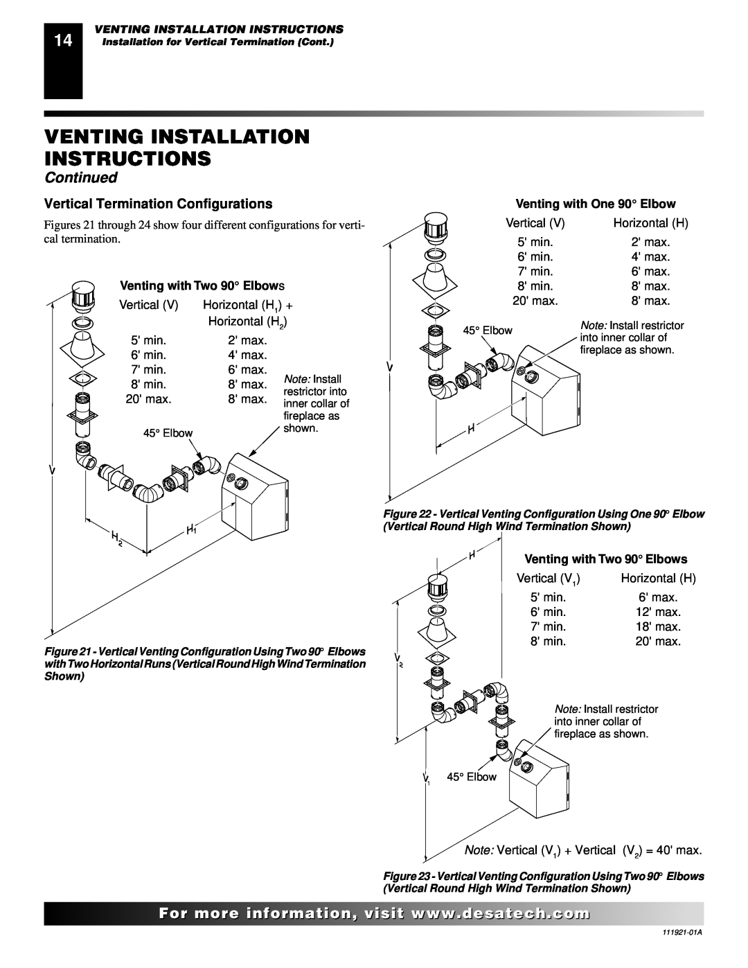 Desa (V)K42N Venting Installation Instructions, Continued, Vertical Termination Configurations, Venting with Two 90 Elbows 