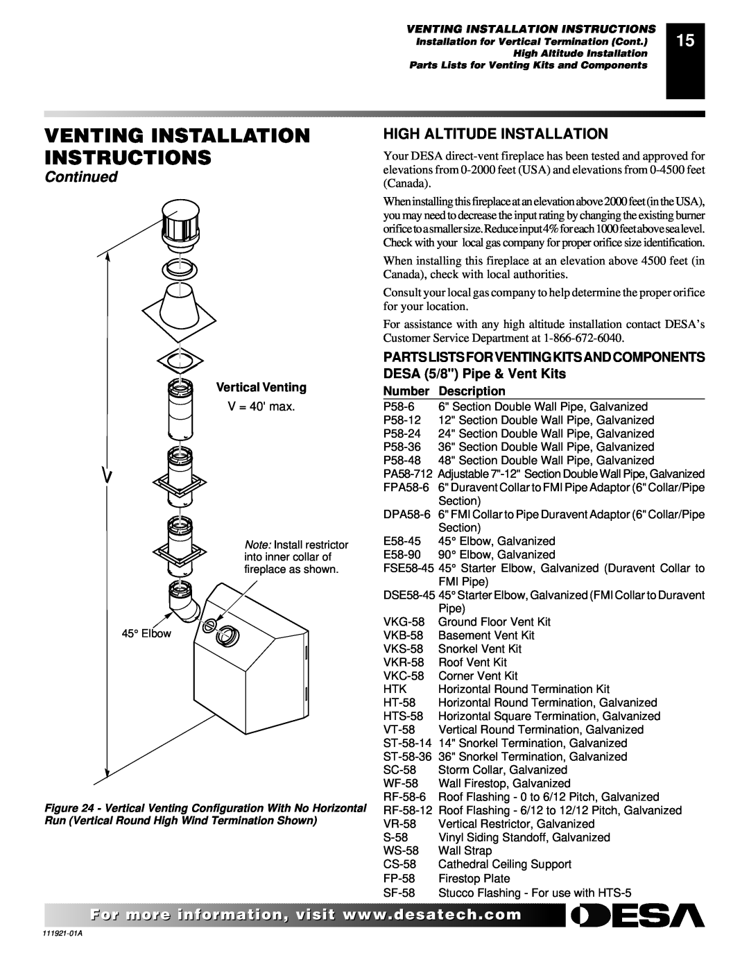 Desa (V)K42N High Altitude Installation, Venting Installation Instructions, Continued, Vertical Venting, Number 