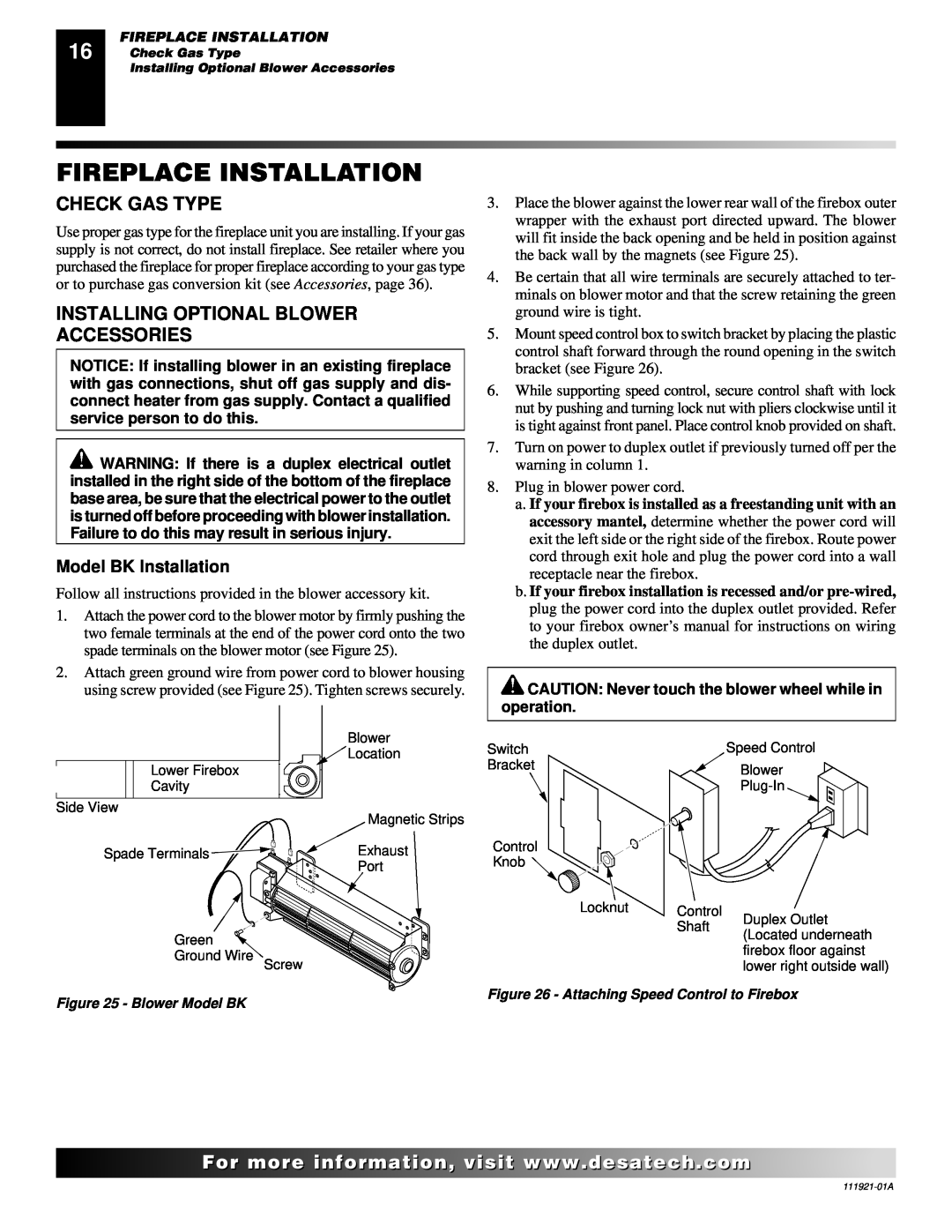 Desa (V)K42N installation manual Fireplace Installation, Check Gas Type, Installing Optional Blower Accessories 